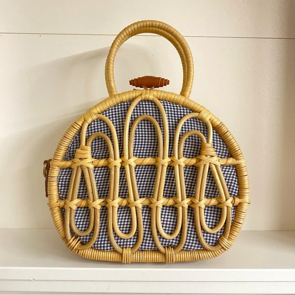 Anthropologie | NWOT Mini Rattan Suitcase Satchel Purse Basket Bag Blue Gingham - Picture 3 of 10